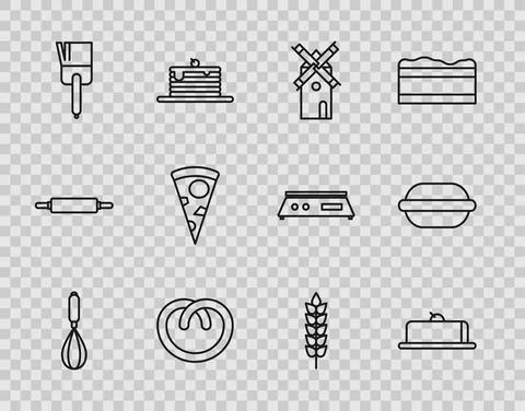 Set line Kitchen whisk, Strawberry cheesecake slice, Windmill, Pretzel, brush Illustrazione stock