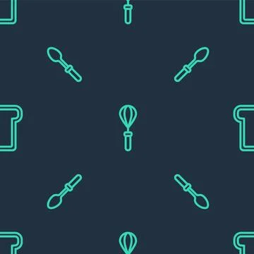Set line Kitchen whisk, Teaspoon and Bread toast on seamless pattern. Vector Illustrazione stock