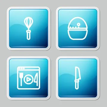 Set line Kitchen whisk, timer, Cooking live streaming and Knife icon. Vector Stock Illustration