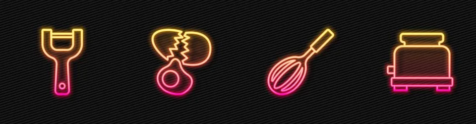 Set line Kitchen whisk, Vegetable peeler, Broken egg and Toaster. Glowing neon Stock Illustration