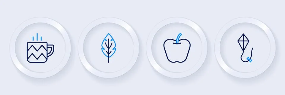 Set line Kite, Apple, Leaf and Cup of tea icon. Vector Stock Illustration