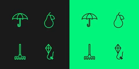 Set line Kite, Garden rake, Umbrella and Pear icon. Vector Stockillustratie