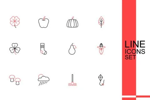 Set line Kite, Garden rake, Cloud with rain and sun, Mushroom, Corn, Pear, .. Stock Illustration