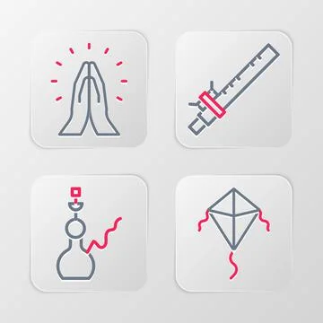 Set line Kite, Hookah, Bamboo flute indian and Hands praying position icon. V Stock Illustration