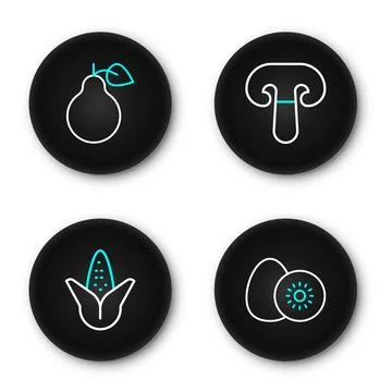 Set line Kiwi fruit, Corn, Mushroom and Pear icon. Vector Stock Illustration
