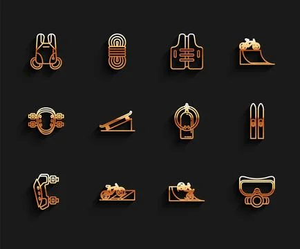 Set line Knee pads, Bicycle on street ramp, Parachute, Diving mask, Skatebo.. Illustrazione stock