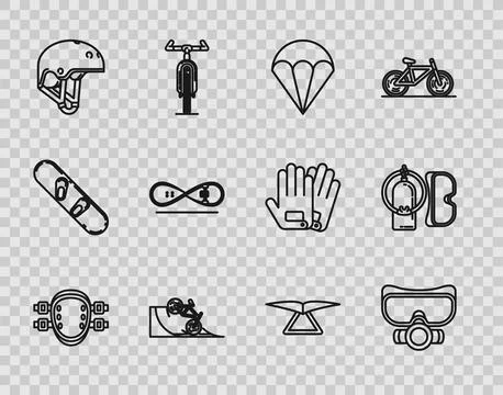 Set line Knee pads, Diving mask, Parachute, Bicycle on street ramp, Helmet 스톡 일러스트