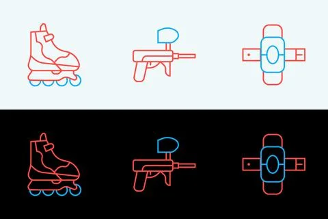 Set line Knee pads, Roller skate and Paintball gun icon. Vector Stock Illustration