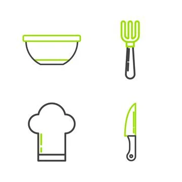 Set line Knife, Chef hat, Fork and Bowl icon. Vector Stock Illustration