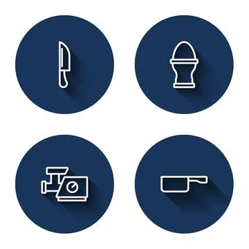 Set line Knife, Chicken egg on a stand, Kitchen meat grinder and Frying pan with Stock Illustration