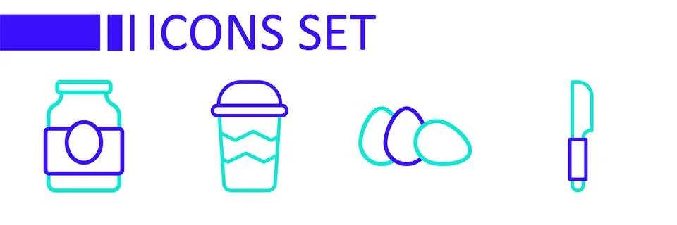 Set line Knife, Chicken egg, Coffee cup to go and Jam jar icon. Vector Stock Illustration