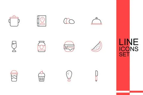 Set line Knife, Chicken leg, Muffin, Coffee cup to go, Watermelon, Burger, .. Stock Illustration