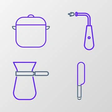 Set line Knife, Coffee turk, Long electric lighter and Cooking pot icon. Vect Stock Illustration