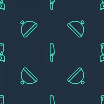 Set line Knife, Covered with tray of food and Blender on seamless pattern. .. Ilustração Stock