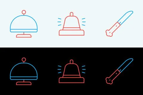Set line Knife, Covered with tray and Hotel service bell icon. Vector Stock Illustration