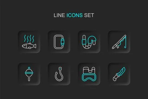 Set line Knife, Diving mask, Fishing hook, float, rod, Worm, Carabiner and .. Stock Illustration