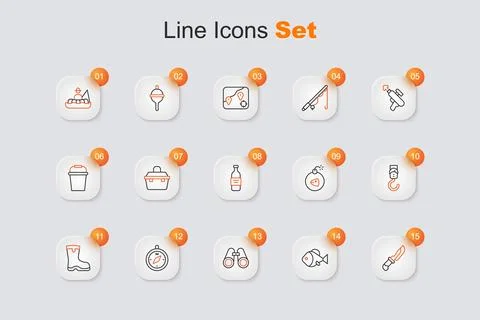 Set line Knife, Fish, Binoculars, Compass, Fishing boots, Spring scale, Bom.. 스톡 일러스트