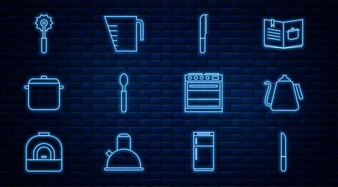 Set line Knife, Kettle with handle, Bread knife, Spoon, Cooking pot, Pizza, Oven Illustration