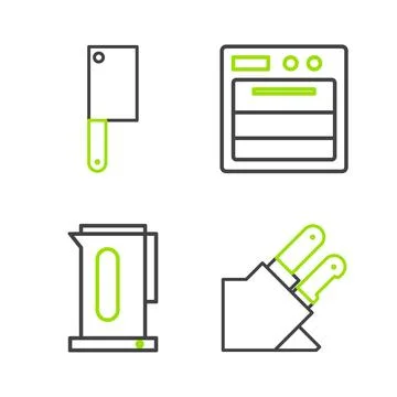 Set line Knife, Kettle with handle, Oven and Meat chopper icon. Vector Illustration