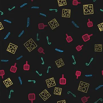 Set line Knife, Kitchen ladle, Electric stove and Frying pan on seamless pattern Stock Illustration