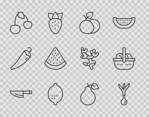 Set line Knife, Onion, Mango fruit, Lemon, Cherry, Watermelon, Pear and Basket Stock-Illustration