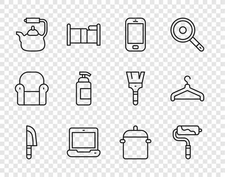 Set line Knife, Paint roller brush, Mobile phone, Laptop, Kettle with handle Illustration