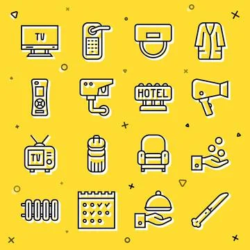 Set line Knife, Paying tips, Hair dryer, Bellboy hat, Security camera, Remote Stock Illustration