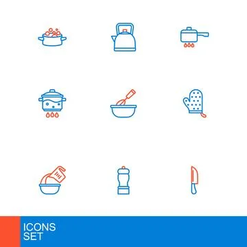 Set line Knife, Pepper, Measuring cup and bowl, Oven glove, Cooking pot on .. Stock Illustration
