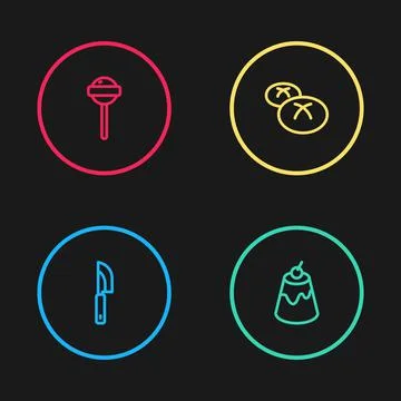 Set line Knife, Pudding custard, Bread loaf and Lollipop icon. Vector Illustrazione stock