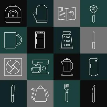 Set line Knife, Refrigerator, sharpener, Cookbook, Coffee cup, Oven and Grate Stock Illustration