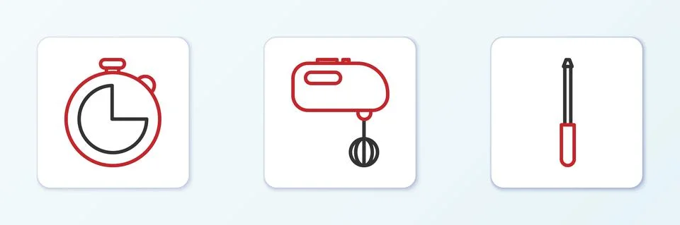 Set line Knife sharpener, Kitchen timer and Electric mixer icon. Vector Stock Illustration