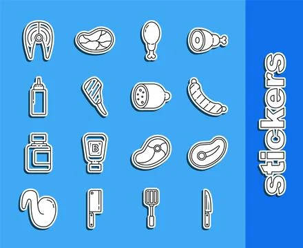 Set line Knife, Steak meat, Sausage, Chicken leg, Rib eye steak, Sauce bott.. Stock Illustration