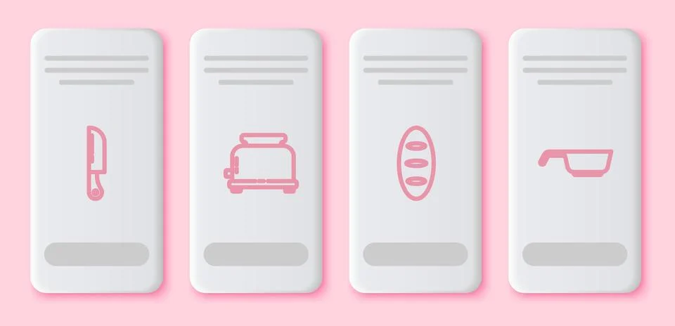 Set line Knife, Toaster, Bread loaf and Frying pan. White rectangle button Stock Illustration
