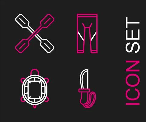 Set line Knife, Turtle, Wetsuit and Paddle icon. Vector Stock Illustration