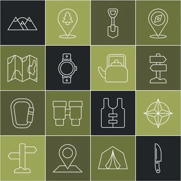 Set line Knife, Wind rose, Road traffic signpost, Shovel, Smartwatch, Locatio Illustration