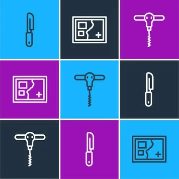 Set line Knife, Wine corkscrew and Folded map icon. Vector Ilustración de archivo