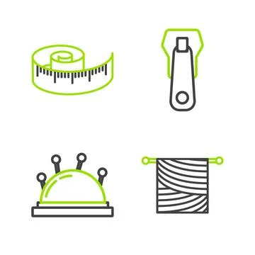 Set line Knitting, Needle bed and needles, Zipper and Tape measure icon. Vect Illustration