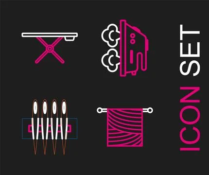 Set line Knitting, Needle for sewing, Electric iron and Ironing board icon Stock Illustration