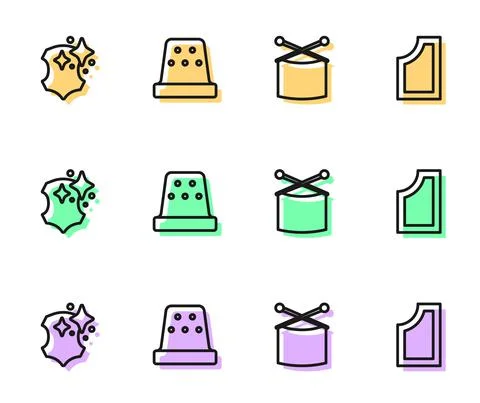 Set line Knitting needles, Leather, Thimble for sewing and Sewing pattern icon Stock Illustration