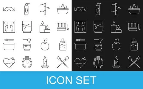 Set line Knitting needles, Spa salt, Sauna bucket and ladle, Bamboo stems with Stock Illustration