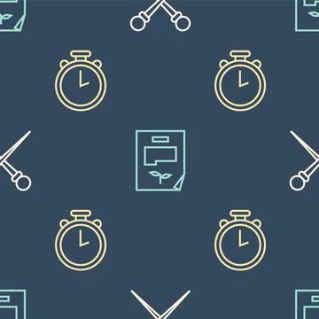 Set line Knitting needles, Stopwatch and Leaf document on seamless pattern Illustrazione stock