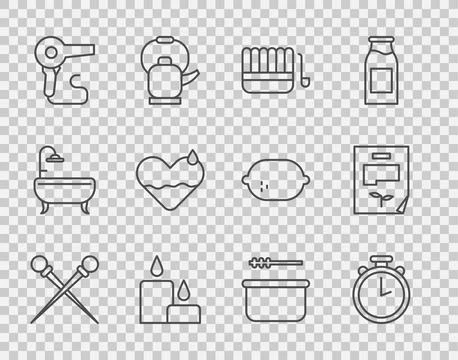 Set line Knitting needles, Stopwatch, Sauna bucket and ladle, Burning candle Stock-Illustration