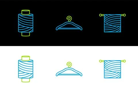 Set line Knitting, Sewing thread on spool and Hanger wardrobe icon. Vector Illustrazione stock
