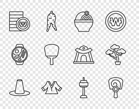Set line Korean hat, hand fan, Ramen, Kimono, South won coin, N Seoul tower and Ilustración de archivo