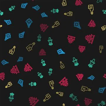 Set line Korean lantern, hat, Soju bottle and temple on seamless pattern. Vector Stock Illustration