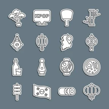 Set line Korean lantern, Ramen, hand fan, Bonsai tree and South map icon. Vector Stock Illustration