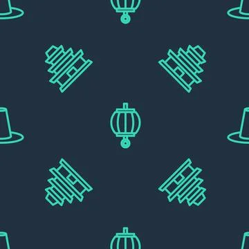 Set line Korean lantern, temple and hat on seamless pattern. Vector Stock Illustration