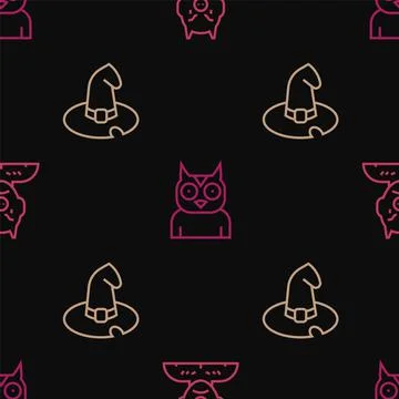 Set line Krampus, heck, Witch hat and Owl bird on seamless pattern. Vector Stock Illustration