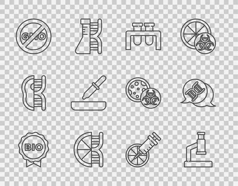 Set line Label for bio healthy food, Microscope, Test tube and flask イラスト素材