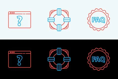 Set line Label with text FAQ, Browser question mark and Lifebuoy icon. Vector Illustration